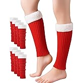 Shihanee 4 Pairs Christmas Leg Warmers for Women Red Ribbed Knitted Leg Warmers Fleece Plush Trim Boot Socks with Fuzzy Fur Cuffs for Winter Santa Holiday Dance Gifts Cosplay Party
