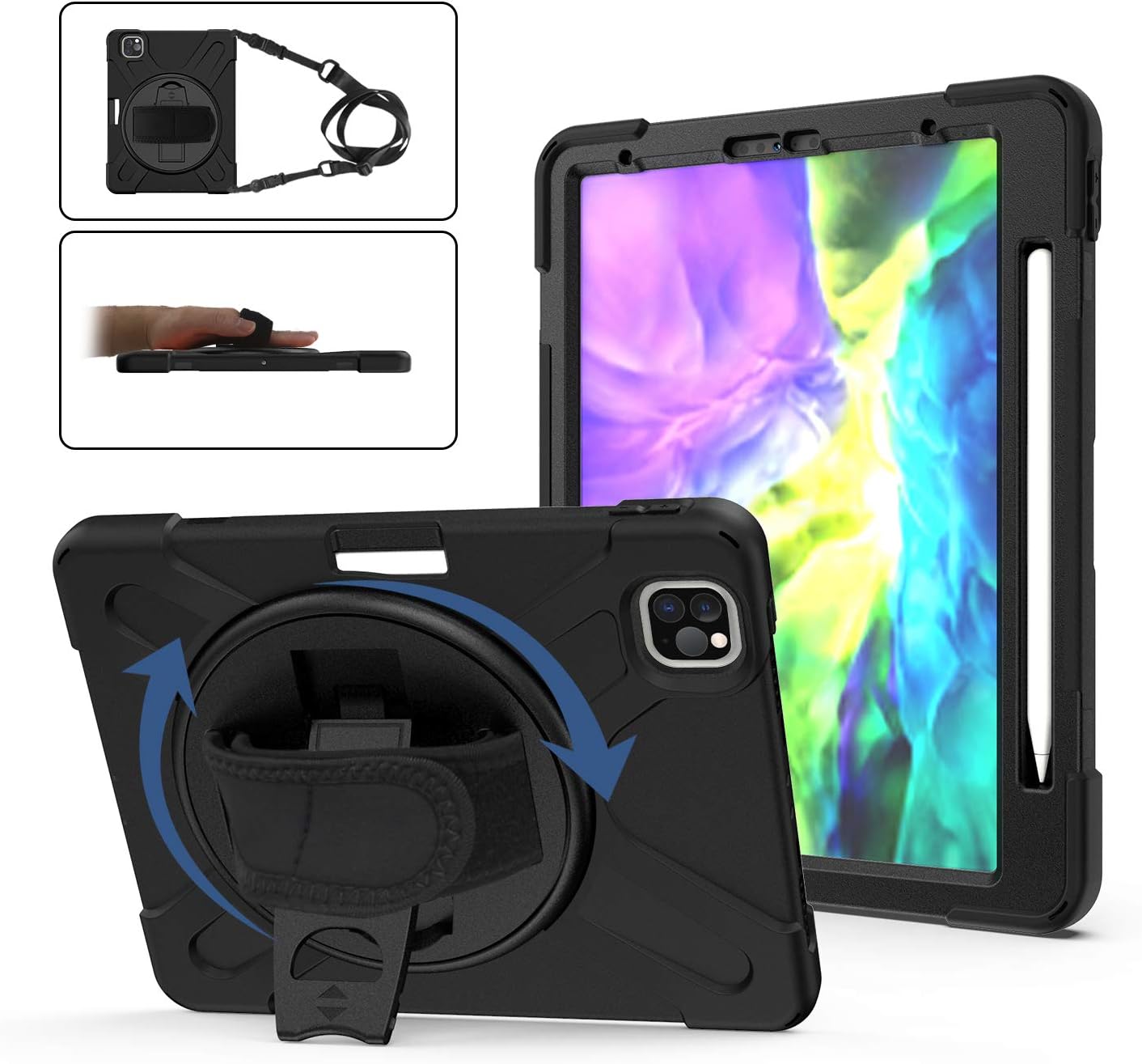 TH000 Rugged Case for iPad Pro 11 2020 Kids Friendly Shockproof Heavy Duty Protective 11-inch Cover with Pen Holder/Kickstand/Rotatable Hand Strap/Adjustable Shoulder Strap