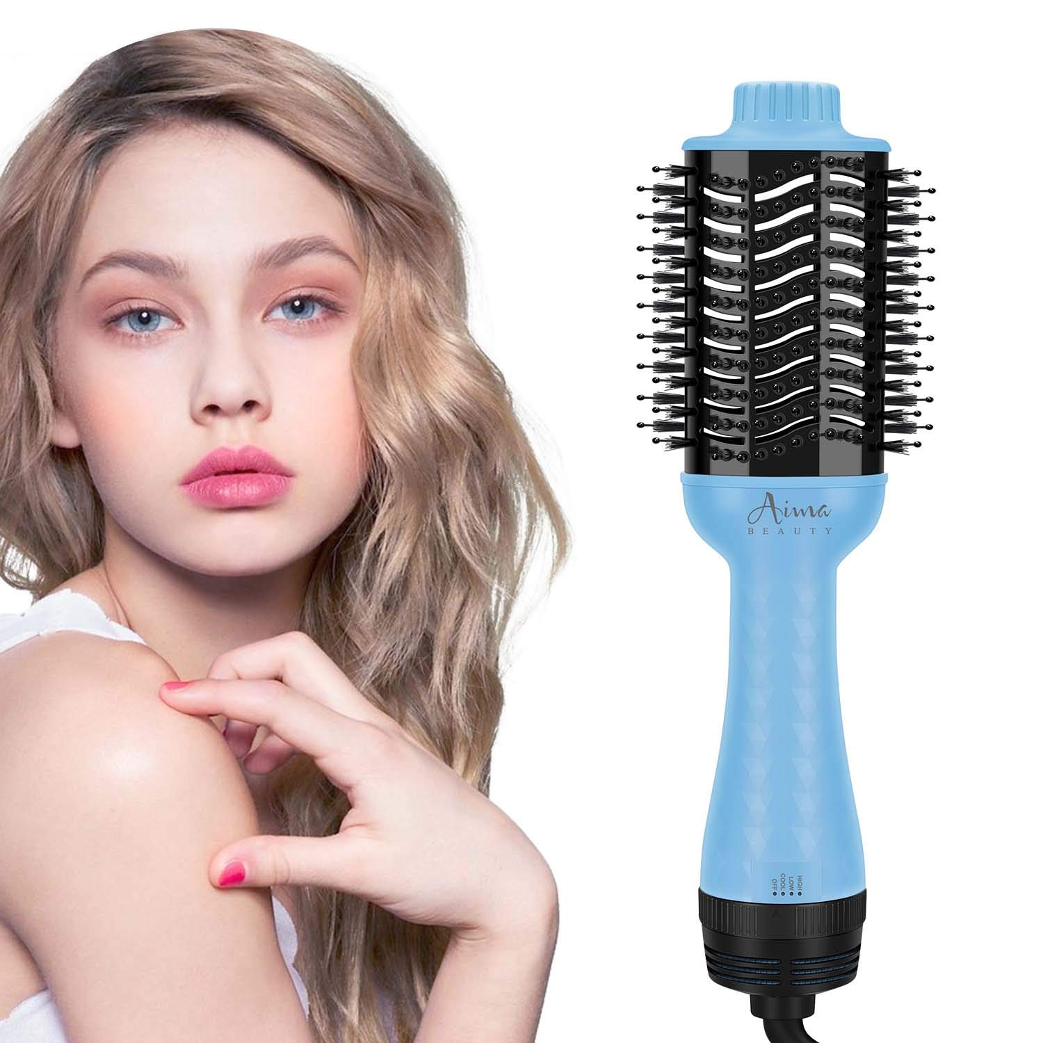 AIMA BEAUTY Hair Dryer Brush, 4-in-1 Upgrade Hot Air Straightener Curler Function for Women, Blue : Beauty