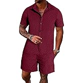 UOUA Mens Velour Tracksuit 2 Piece Outfits Short Sleeve Button Down Shirt and Short Sets Casual Sweatsuits