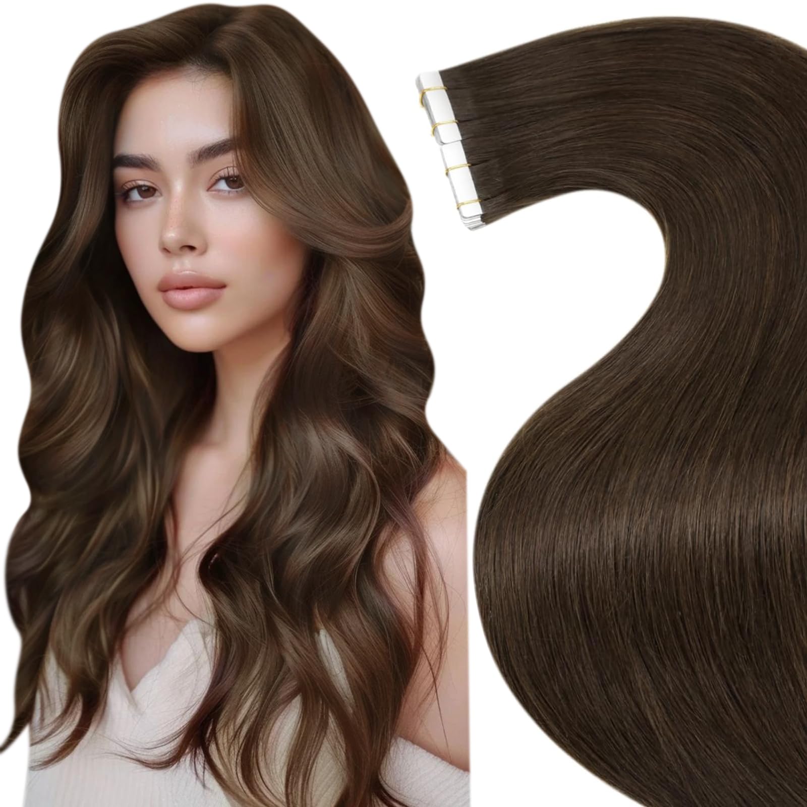 LaaVoo Tape in Hair Extensions Human Hair Brown Tape Hair Extensions Real Human Hair Invisible Tapes Remy Straight Dark Brown Hair Double Sided Tabs 20pcs 40g 14 Inch #4