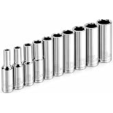 Powerbuilt 10 Piece 1/4 Inch Drive Metric 6 Point Deep Socket Set, Z-Drive Grips, Chrome-Vanadium Steel made, Meets ANSI Standards - 640538