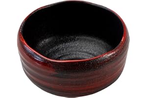 SASUGA Japanese Matcha Bowl, Handcrafted Black & Red Brushstroke Japanese Ceramic Chawan, Microwave and Dishwasher Safe, Mino