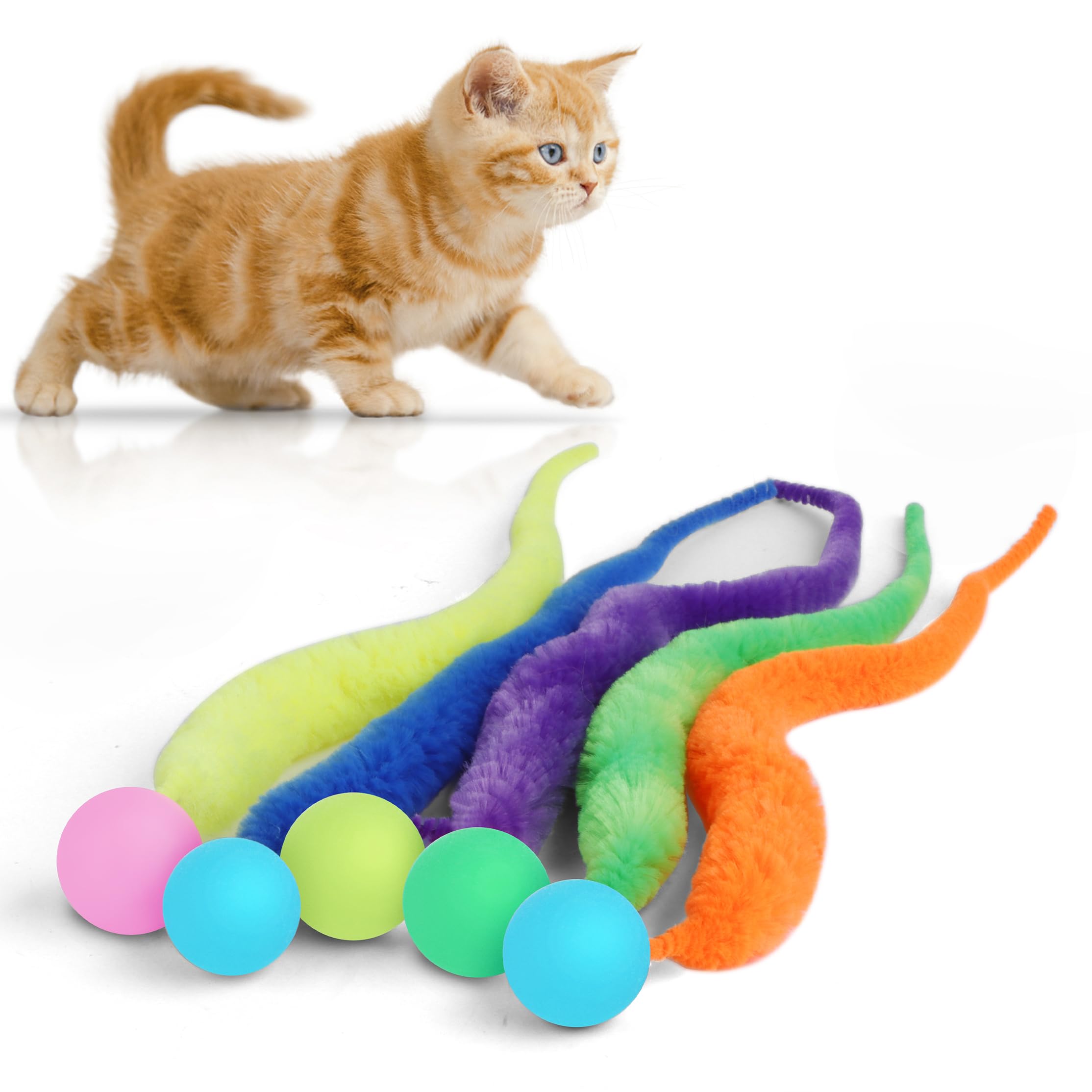 SHENGSEN 5 Packs Large Mixed Bouncy Ball Toys with Tail, Magic Worm and Fuzzy Worm for Cats