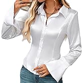 Women's Satin V-Neck Blouse Long Sleeve Button Down Shirt Business Casual Loose Fit Work Top