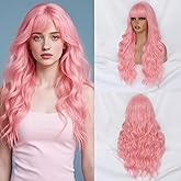 Pink Wig with Bangs for Women, Long Wavy Pink Wig 26 Inch Wigs Heat Resistant Synthetic Colorful Wig