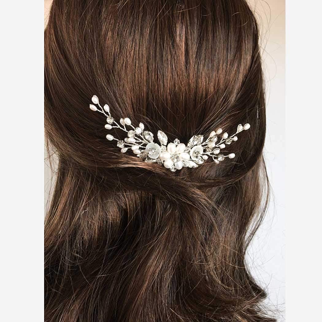 Fairvir Bridal Wedding Hair Comb Flower Silver Rhinestones Sparky Crystal Headpieces Bride Pearl Hair Accessories for Women and Gilrs (Gold)