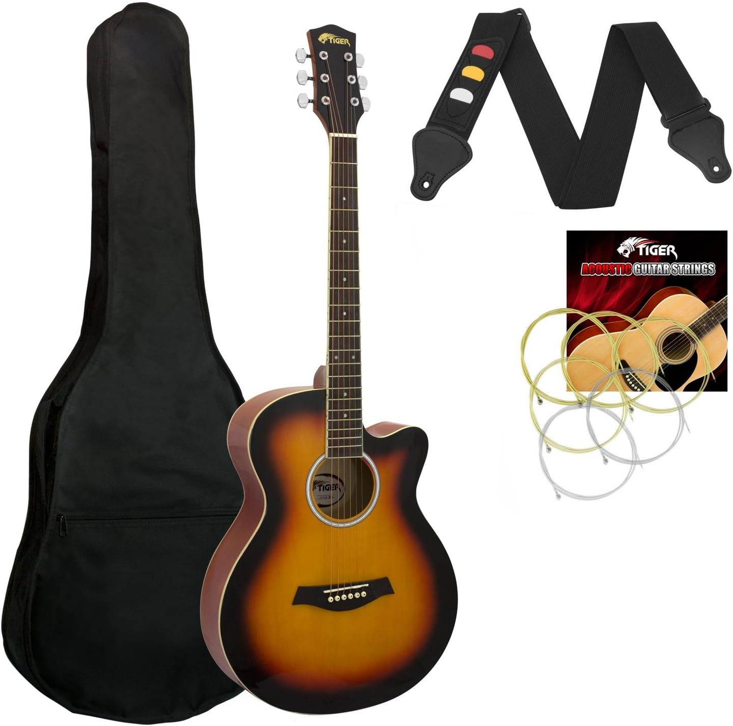 Tiger ACG1-SB Acoustic Guitar with Steel Strings, Small Body 4/4, for Beginners aged 11+, Bag, Strap, Spare Strings