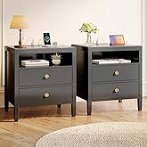 Huuger Black Nightstand Set of 2, Night Stand with Charger Station, Bedside Table with 2 Drawers, Bed Side Tables for Bedroom, Modern Nightstands, Metal Knobs, Painted Surface | with Charger Station, 2 Drawers, Bed Side Tables, for Bedroom, Metal Knobs, Painted Surface