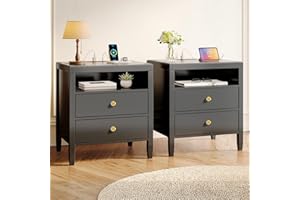 Huuger Black Nightstand Set of 2, Night Stand with Charger Station, Bedside Table with 2 Drawers, Bed Side Tables for Bedroom, Modern Nightstands, Metal Knobs, Painted Surface