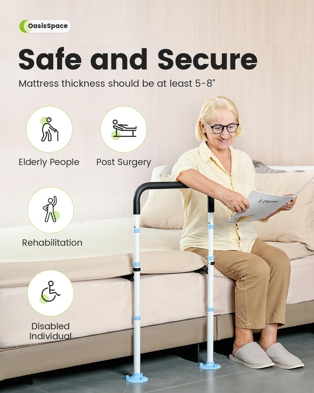 OasisSpace Bed Rail for Seniors, Medical Adjustable Bed Assist Rail Handle and Fall Prevention Safety Hand Guard Grab Bar for Elderly, Handicap - Fit King, Queen, Full, Twin