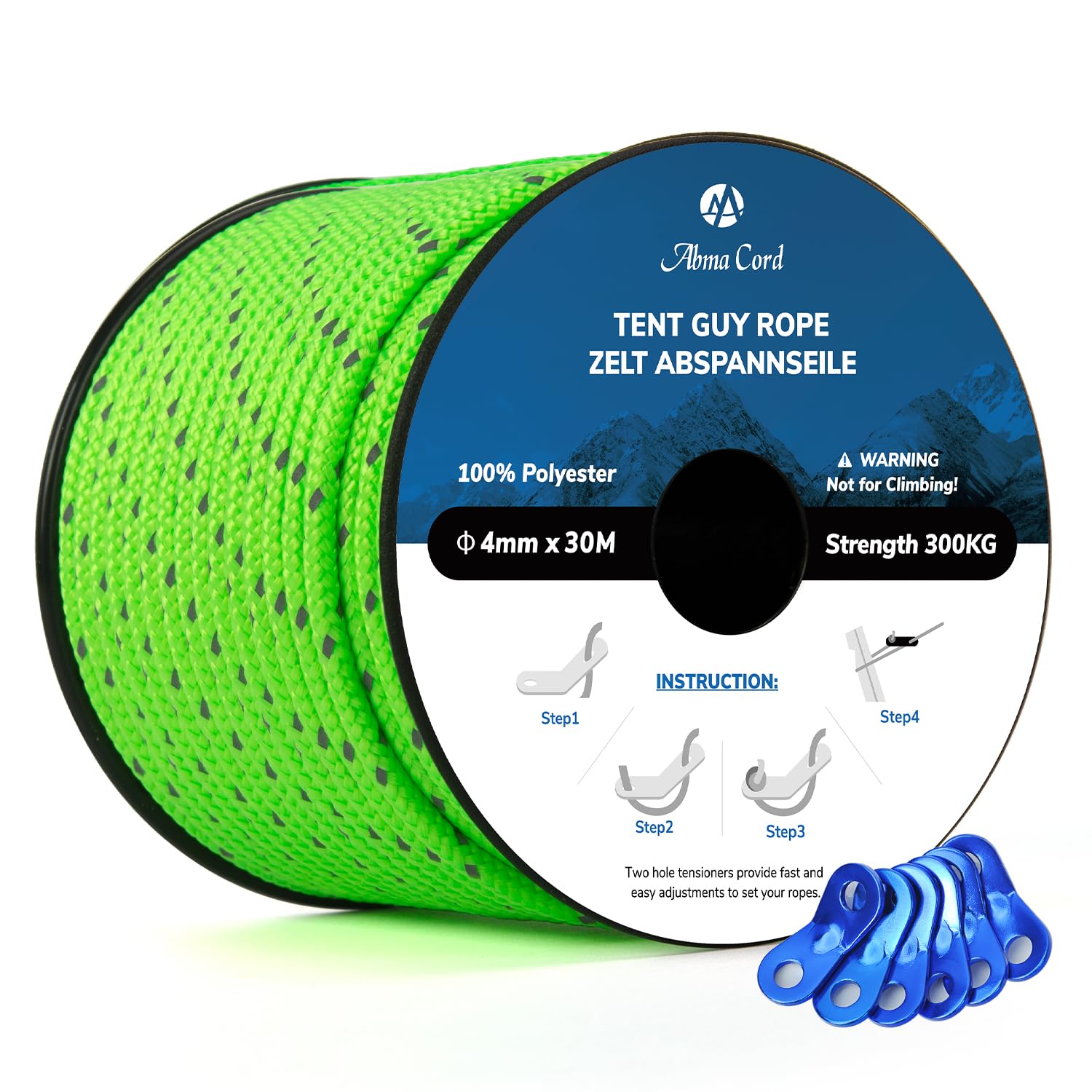 Abma Cord Tent Guy Ropes 4mm 30M Guy Line 6 Pcs Guy Rope Tensioners Heavy Duty Guide Rope for Camping, Gazebos, Awning, Tarp - Reflective Neon Green