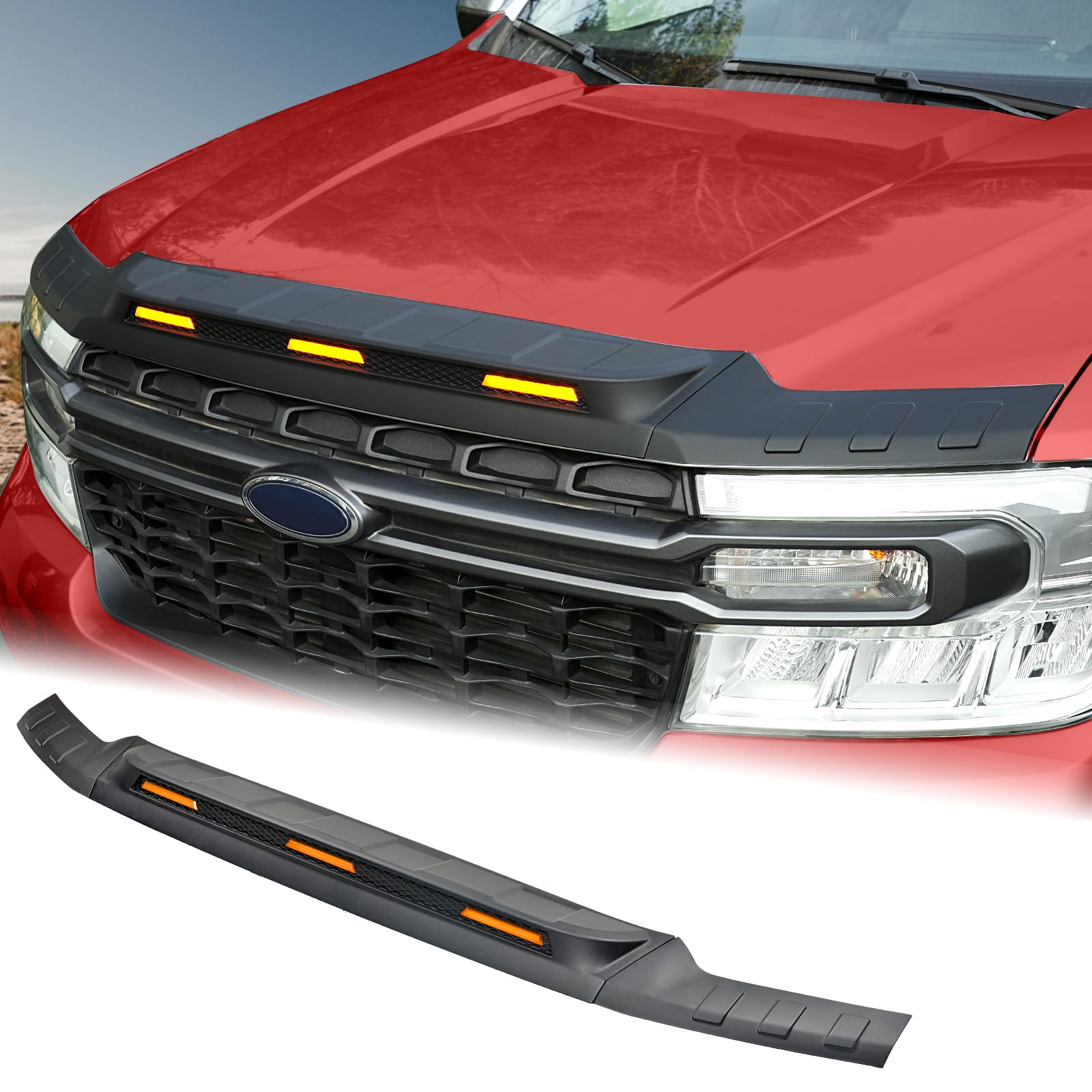 Photo 1 of Mabett Hood Deflector Protector with 3 Pcs LED Grille Lights for Ford Maverick 2022-2025 Accessories, Hood Shield Replacement with Waterproof Amber Trim Lamp for Maverick