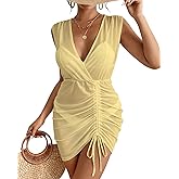 Eddoyee Women's Sleeveless Bathing Suit Cover Ups Deep V Neck Swimwear Tops Summer Beach Drawstring Dress