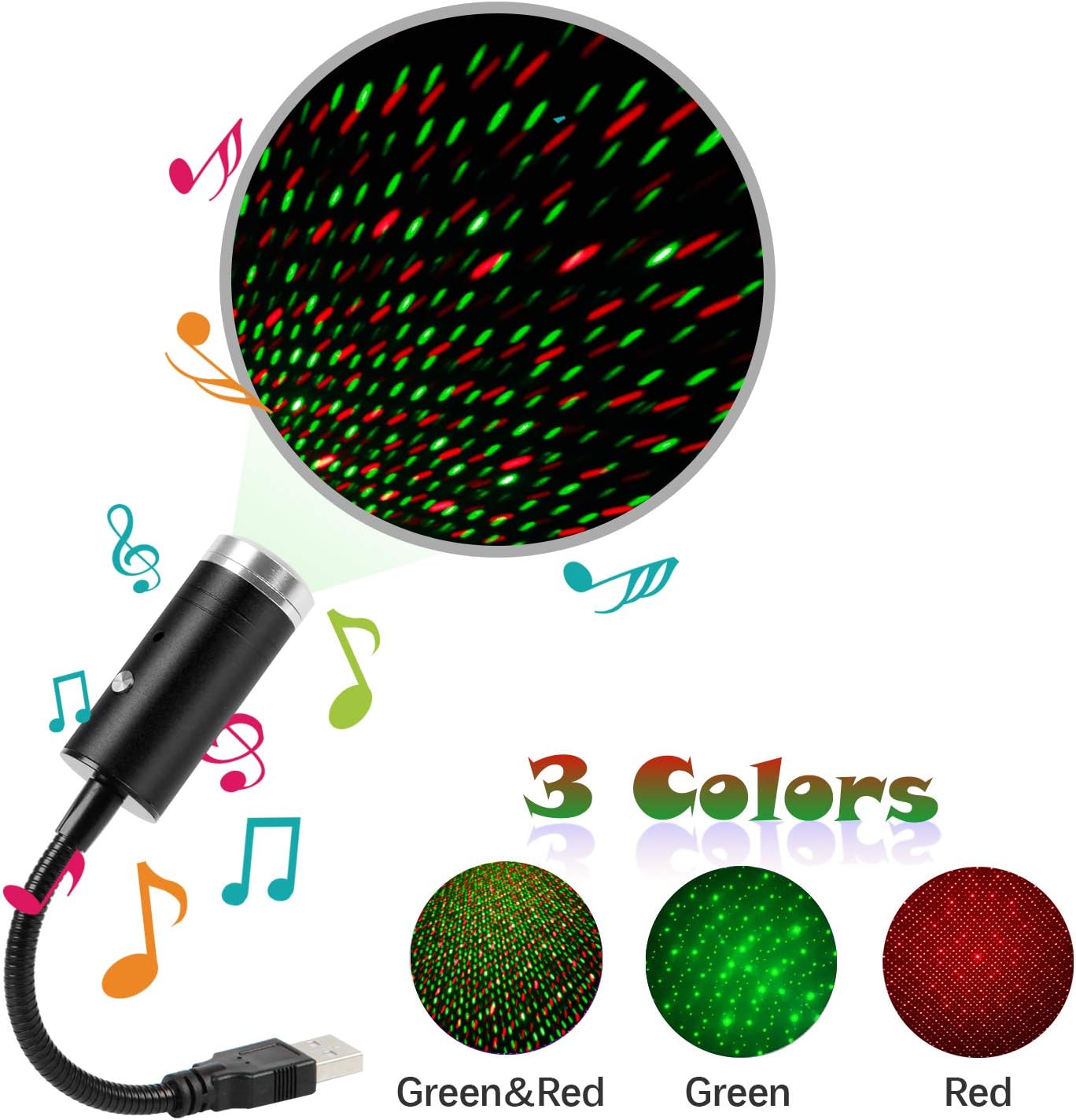 USB Star Light Sound Activated,3 Colors + 9 Lighting Effects,Romantic Car Ceiling Interior Light,Atmosphere Decorations for Car Interior,Ceiling, Bedroom, Party and More ( Green&Red )