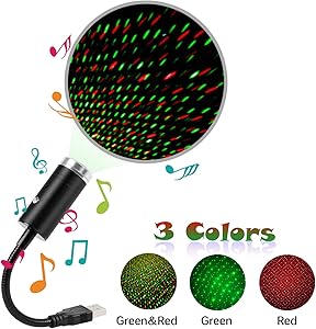 USB Star Light Sound Activated,3 Colors + 9 Lighting Effects,Romantic Car Ceiling Interior Light,Atmosphere Decorations for Car Interior,Ceiling, Bedroom, Party and More ( Green&Red )