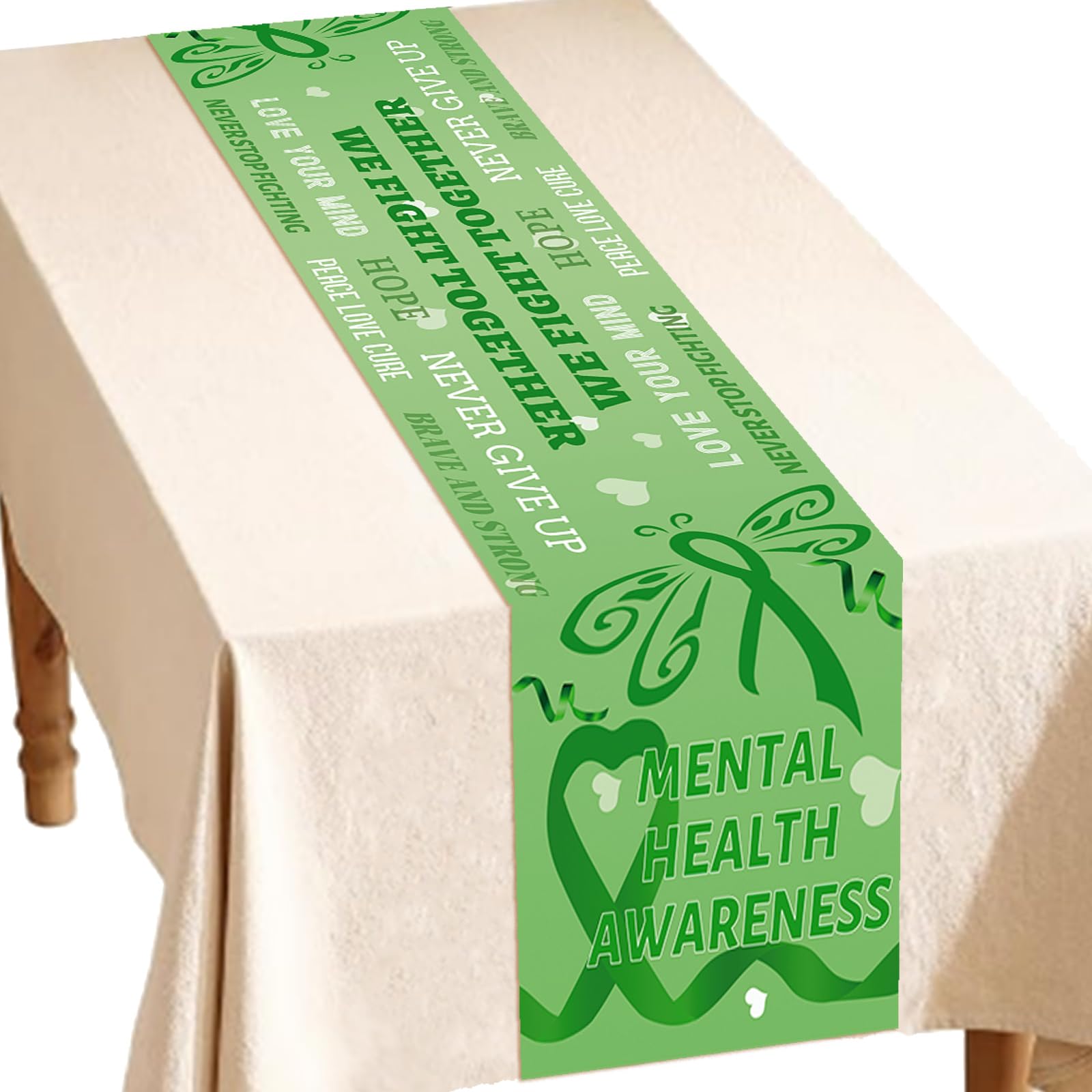 WANDIC Green Ribbon Table Runner, Mental Health Awarenes Table Decoration Cancer Free Tablecloth for Home Dining Table Decor