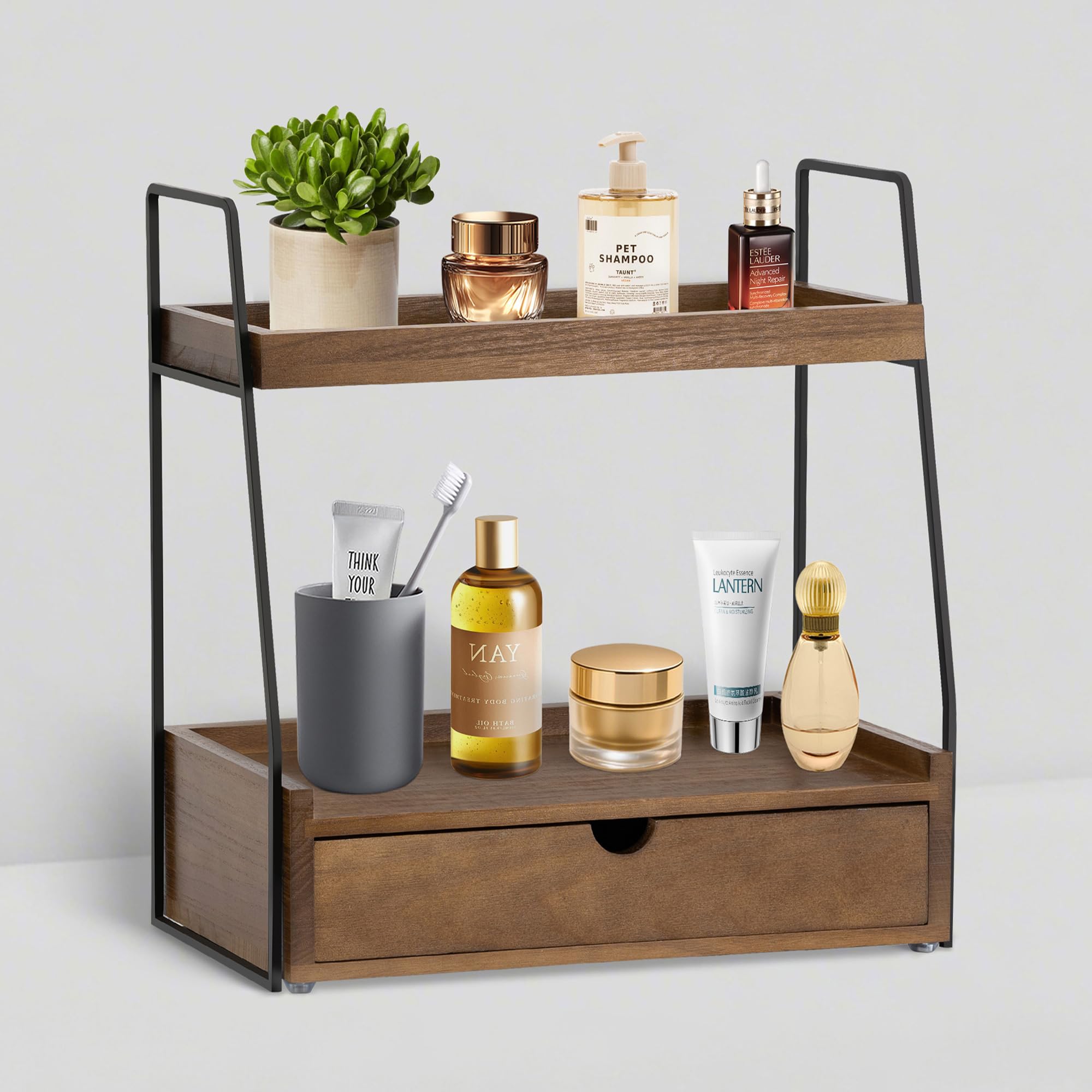 Photo 1 of 2-Tier Bathroom Organizer Countertop with Drawer, Wood Counter Organizer for Bathroom Decor, Sink Shelf for Vanity Storage, Makeup Tray for Perfume Skincare Bedroom Kitchen Corner