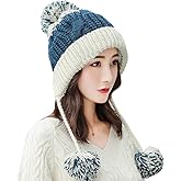Women Winter Peruvian Cover Ears Beanie Hat Ear Flaps Sherpa Ski Snow Hats Knit Fleece Lined 3 Pom Pom