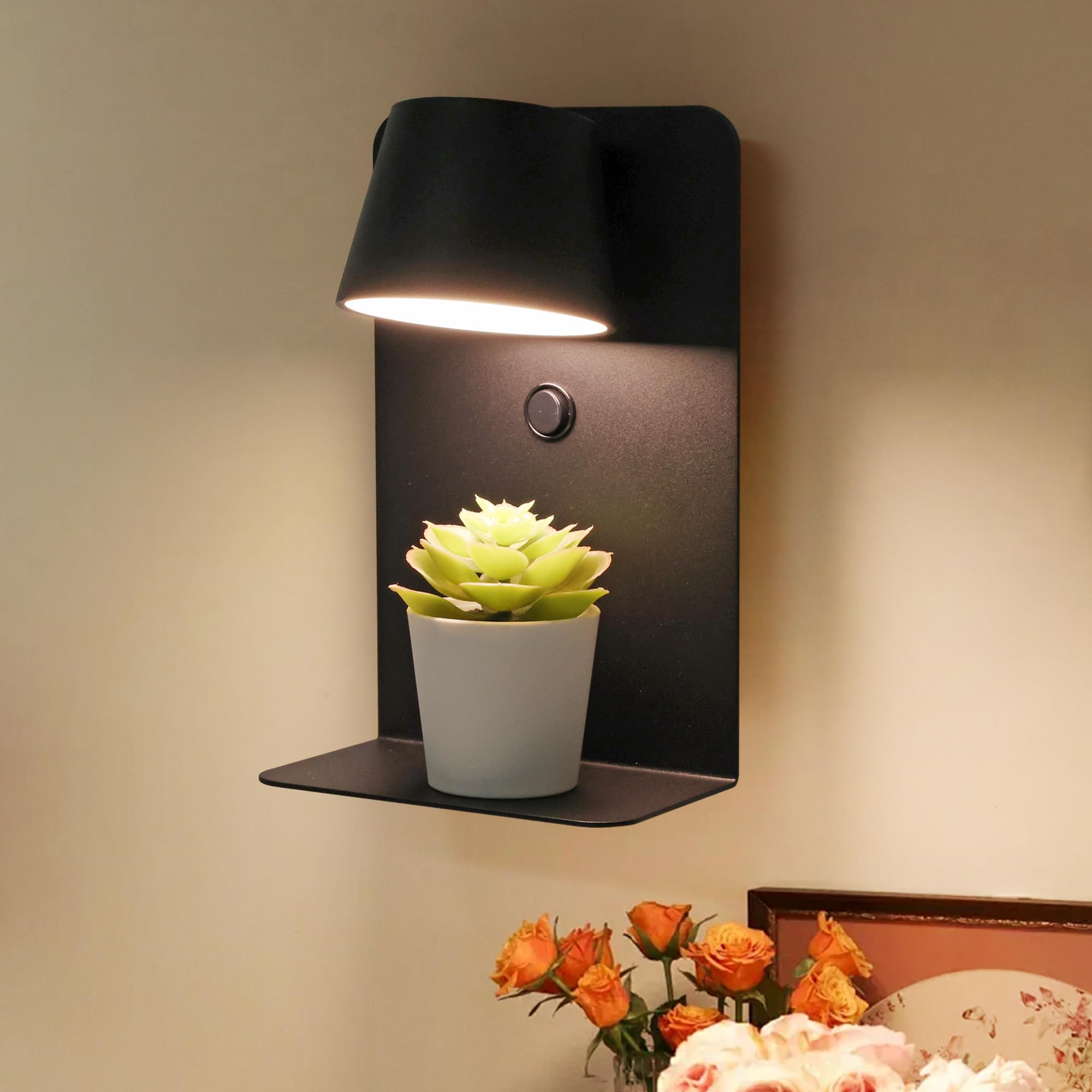 Photo 1 of DEC LUCE DECOLUCE LIGHTING Modern LED Plug in Wall Sconce, Dimmable Wireless Wall Light Fixtures with Shelf and USB Port, 6W,600LM, Rotatable Small Reading Wall Lamp for Bedroom Bedside, Black