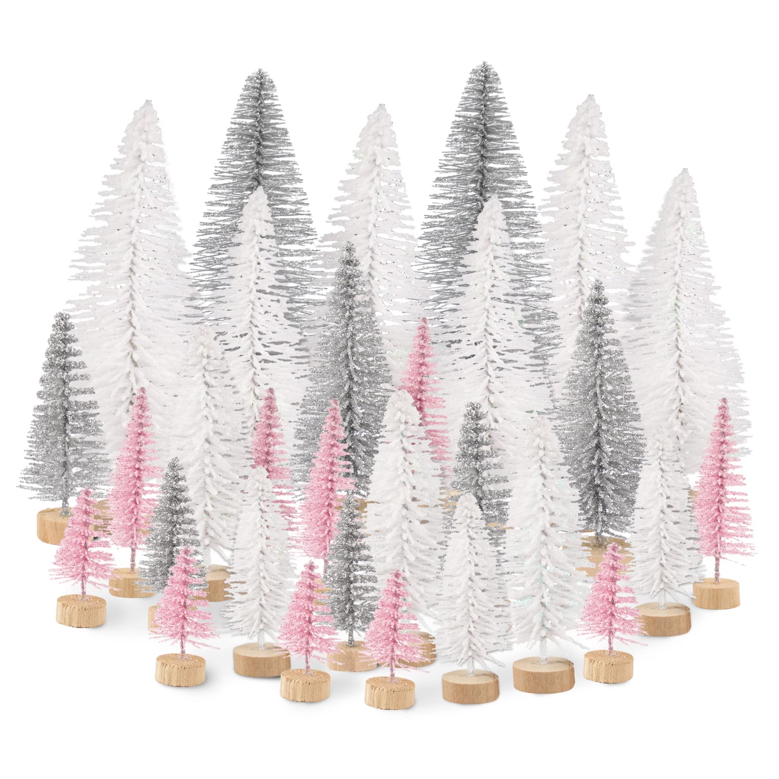 30pcs Christmas Mini Sisal Trees Artificial Pine Trees with Wooden Base for Christmas DIY Crafts Xmas Tabletop Decor
