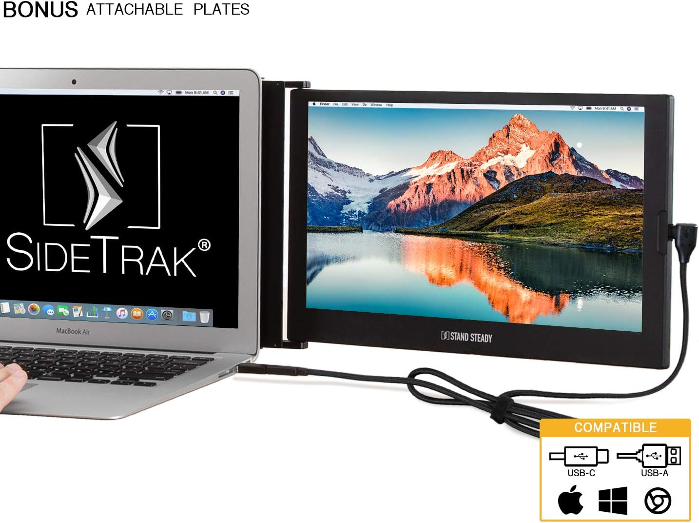 SideTrak Portable USB Monitor 12.5" Screen + Extra Metal Plates - Attaches to Your Laptop for Easy Work from Home - USB Power - Fits Mac and PC 13"-17" Laptops - Full HD IPS Display (Patent Pending)