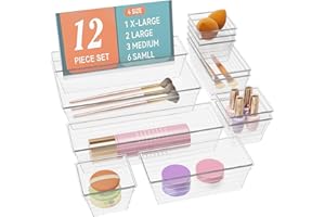 DCA 12 PCS Clear Plastic Drawer Organizer Set, 4 Sizes Makeup organizer, Vanity Organizer for Makeup, Stationery,Gadgets,Kitchen,Bathroom,Office,Bedroom