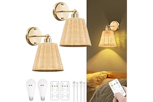FRIDEKO HOME Frideko Rattan Rechargeable Battery Operated Wall Sconces Set of Two with Remote, 3 Colors Dimmable Wireless Wall Light, 5200mAh Indoor Wall Lamp with 4 Timer, Boho Sconces Wall Lighting for Bedroom
