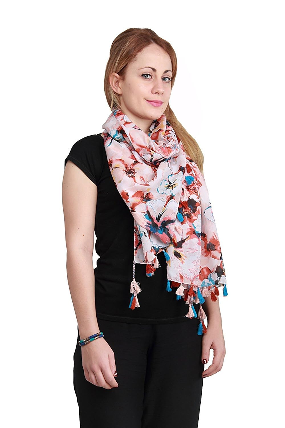 verismo scarf, soft polyester beautiful flower printed cognac / brown color stole with multi fringes. can wear on any outfit. women or girl both can wear this