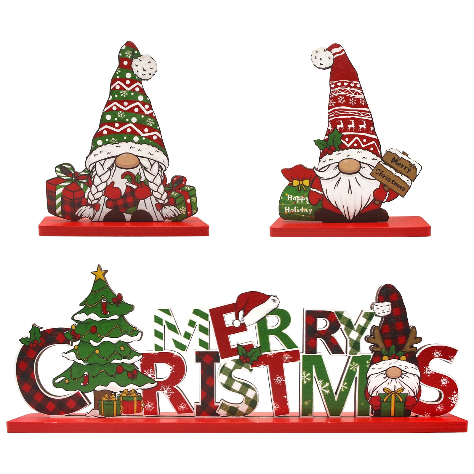 RscyUSGift 3Pcs Christmas Table Decorations Gnomes Tree and Merry Christmas Sign Centerpiece Tabletop Wooden Ornaments Indoor Xmas Decorations for Party Coffee Table Gifts