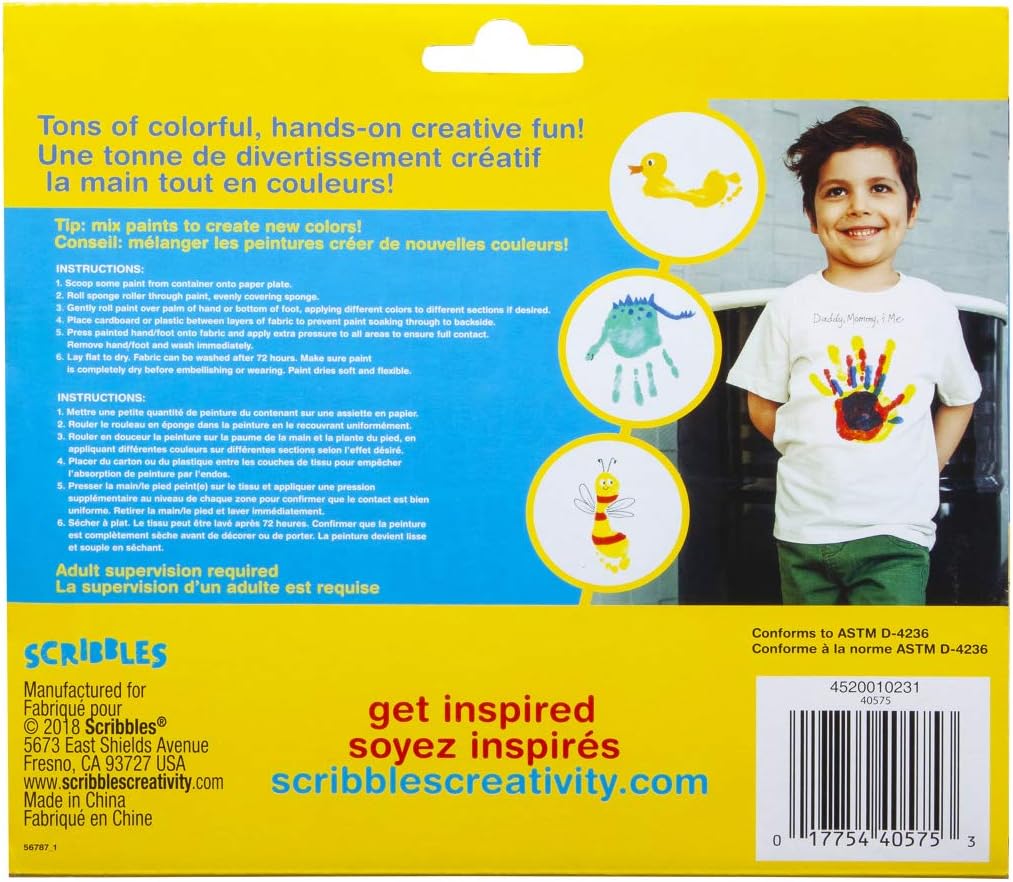 Scribbles Finger Paint & Roller Kit, Kid Safe, Permanent Fabric Paint, Washes Off Skin, 6 Colors: Arts, Crafts & Sewing