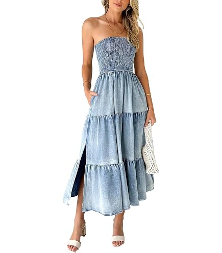SEMATOMALA Women's Strapless Flowy A Line Ruffle Denim Dress Smocked Tube Top Tiered Bandeau Jean Maxi Dress BE-S Blue at Amazon Women's Clothing store