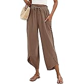 LOMON Women Linen Palazzo Pants Boho Wide Leg Elastic Waisted Casual Capri Pant Summer Harem Lounge with Pockets