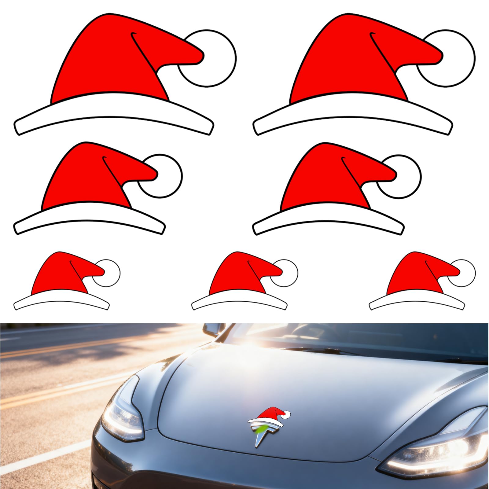 Photo 1 of 7PCS Waterproof Santa Hat Christmas Stickers for Tesla, Vinyl Car Decals for Toyota, Honda, Ford, BMW & More, Automotive Decals for Water Bottles, Wall, Laptop, Window, Christmas Gift & Decoration