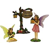 PRETMANNS Fairies for Fairy Garden – Cute Accessories for an Outdoor Miniature Garden with Figurines and a Sign- Colorful Supplies – 3 Piece Set