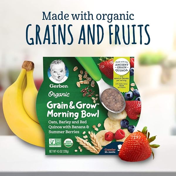 GERBER UP AGE ORGANIC GRAIN & GROW MORNING BOWL OATS BARLEY & RED QUINOA WITH BANANA & SUMMER BERRIES, 4.5 OZ