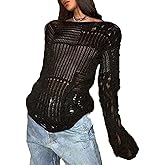 HOXIJIA Women Long Sleeve Sweaters Hollow Out Loose Round Neck Off Shoulder Crochet Cutout Fishnet Pullover Knitwear