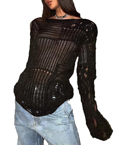 Women Distressed Sweater Crochet Hollow Out Knit Y2k Beach