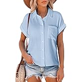 Astylish Women Summer Tops Cotton Short Sleeve Shirt V Neck Button Down Blouse Tunic Tops