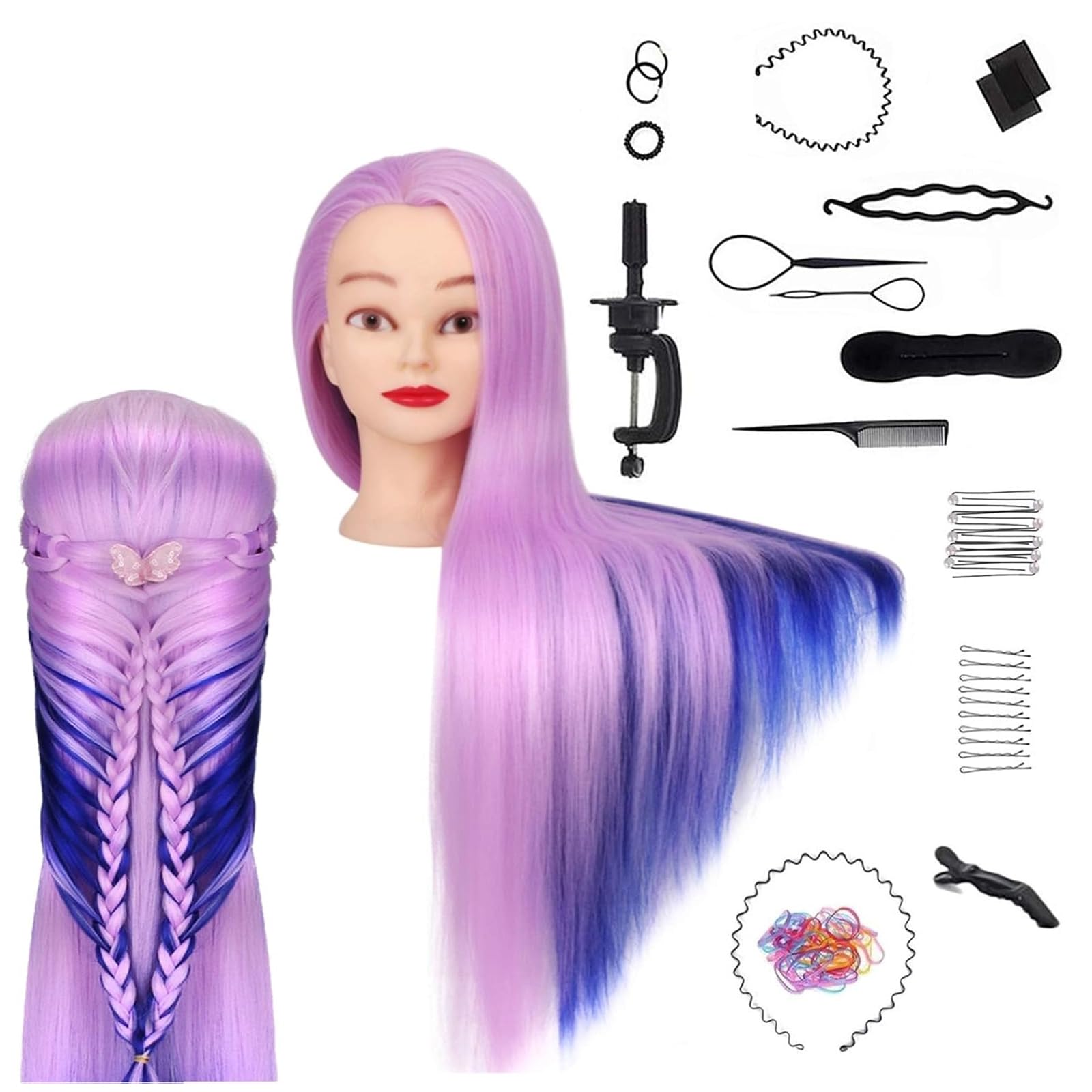 TwoWin Hairdressing Training Head, 25" Synthetic Fiber Hair Mannequin Head, Wig Styling Head with Clamp and DIY Braiding Set (Light Purple + Navy Blue)