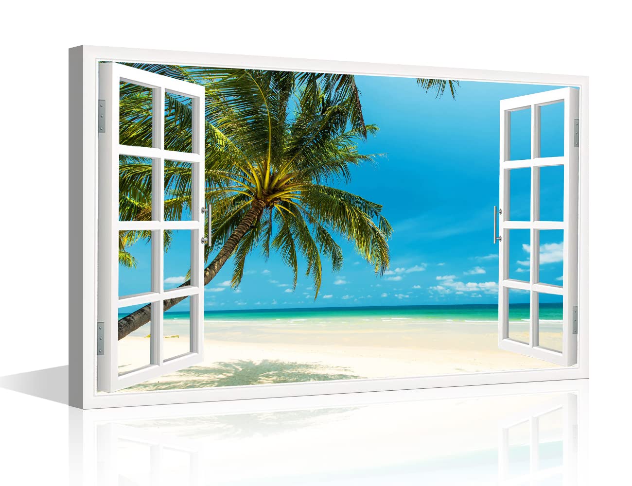 Canvas Print Wall Art Window View Tropical Palm Tree Beach Island Paradise Wilderness Nature Photography Realism Scenic Landscape Colorful Multicolor for Living Room, Bedroom, Office (18"W x 12"H)