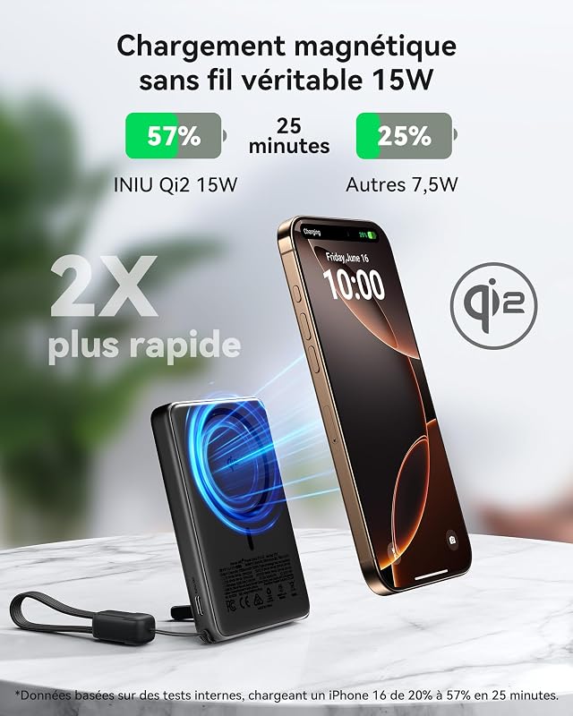 pour MagSafe Qi2 15W Batterie Externe, Ultra-Fine 10000mAh Power Bank