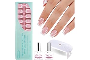 Vansiho Gel Nail Kit - Pink Deep Short Squre French Tip Press on Nails Kit with Nail Gel, Top Coat for Gift Home DIY
