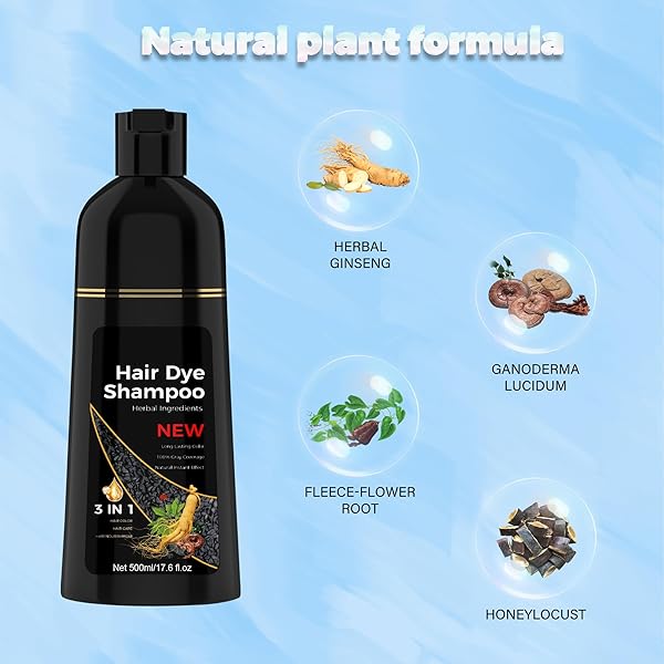 BLACK HAIR DYE SHAMPOO 3 IN 1 FOR WOMEN & MEN 100% GRAY HAIR COVERAGE INSTANT HAIR COLOR SHAMPOO – HERBAL INGREDIENTS – FOR PARA CANAS MUJER 17.6 FL OZ (BLACK)