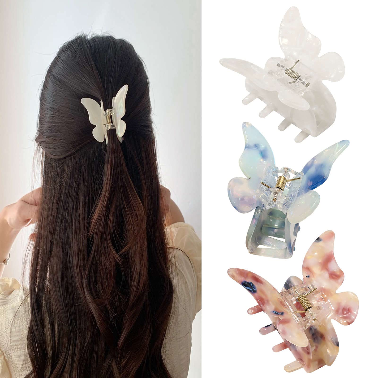 Butterfly Hair Claw Clips Medium Acrylic Hair Clamps Non-Slip Strong Hold Jaw Clips For Women Girls Thick or Thin Hair Accessories(pack of 3)
