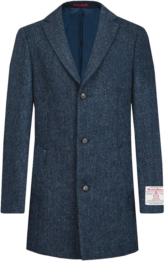 Dobell Scottish Harris Tweed Mens Blue Overcoat Regular Fit 100 Wool Herringbone3XL Amazon.co