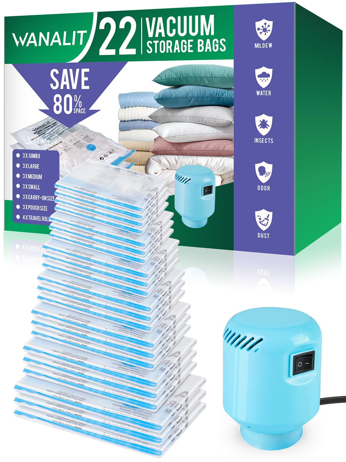 Photo 1 of ** BAGS ONLY ** Vacuum Storage Bags with Electric Pump, New Air Valve Combo 22 Pack Compression Bag, Space Saving Vacuum Sealer Bag for Clothes, Blanket, Duvets, Pillows, Comforters, Travel, Two Compressing Ways