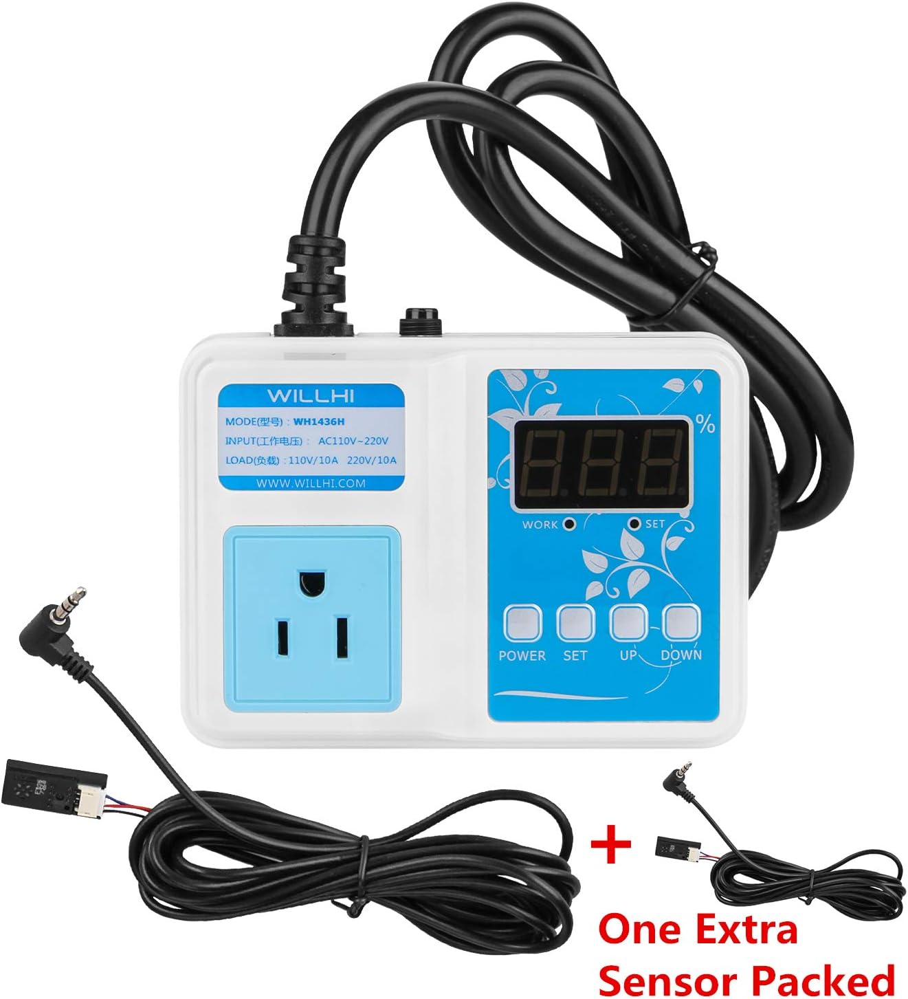 WILLHI WH1436H 110V Digital Air Humidity Controller with LCD Display High Accuracy Humidity Sensor & 118'' Power Cable, Humidification Mode & Dehumidification Mode+1pc Extra Sensor