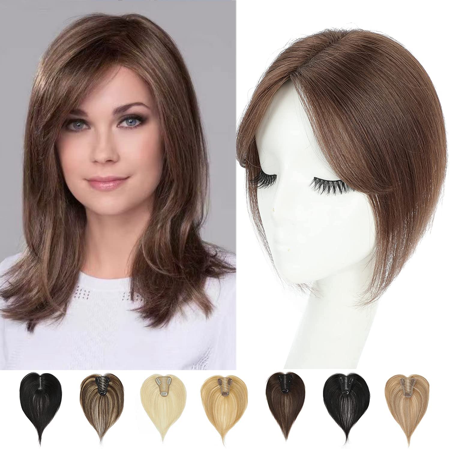 Lasunork Hair Toppers for Thinning Hair Women Real Hair Pieces for Women Human Hair Topper Adding Extra Hair Volume Swiss Base Clip in Hair Extensions 10inch (Light Brown), 1 count — image 1