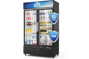 MOJGAR 44"W ETL & DOE Certified 28 Cu Ft Commercial Merchandiser Refrigerators 2 Doors, Display Beverage Fridge with Built-in LED Light & Front LED Light,Double Glass Door Upright Business Retail Cooler